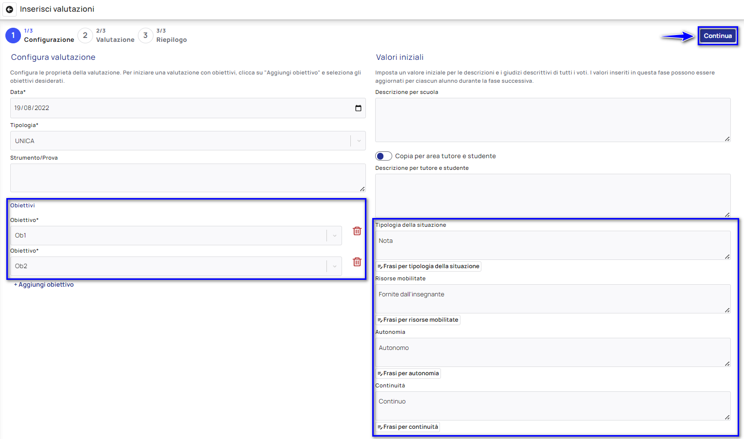 Inserimento Valutazione In Itinere Multiple Con Selezione Del Frasario